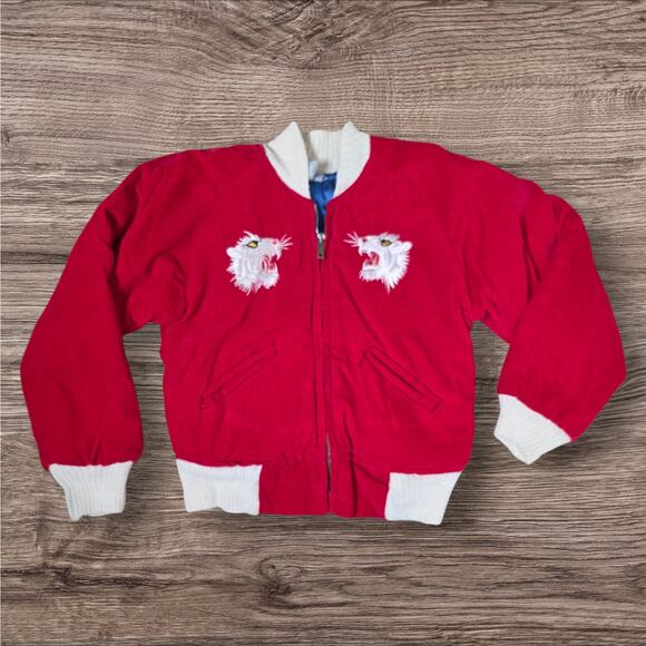 1950s Japan Sukajan Kids Jacket Reversible Red Velvet Blue Satin Tiger Eagle - Picture 5 of 15